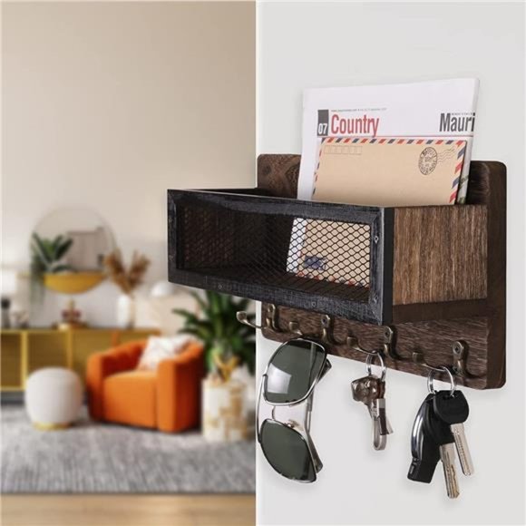 Mail and Key Holder for Wall Decorative, Wooden Wall Key Rack Organizer - Picture 2 of 7